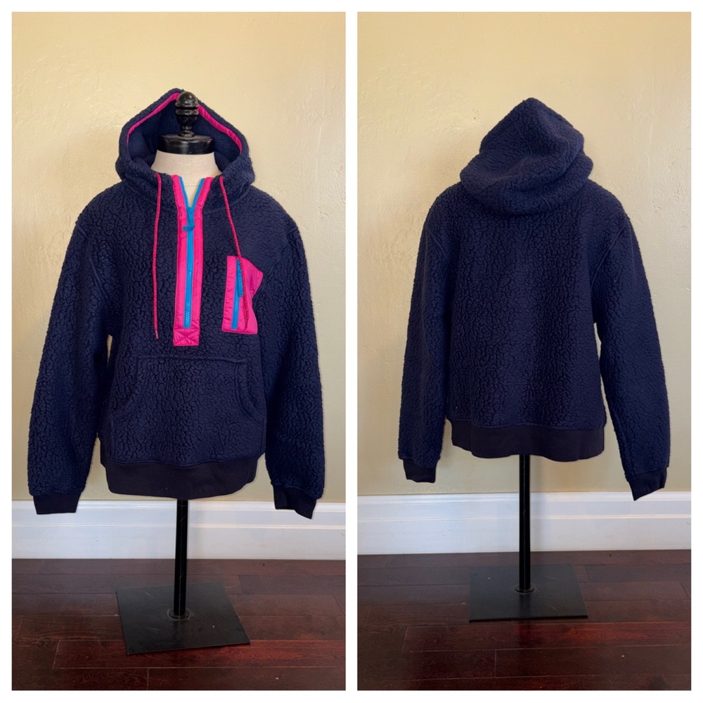 J Crew Polartec® Sherpa Vintage Fleece Half-Zip Hoodie Navy Size Medium